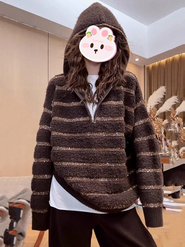 

Gold Tead iny Sequin Hooded Sweater Women's Loose Fit Winter New Sle Lazy Faion Top Age Reduction Daily Wear