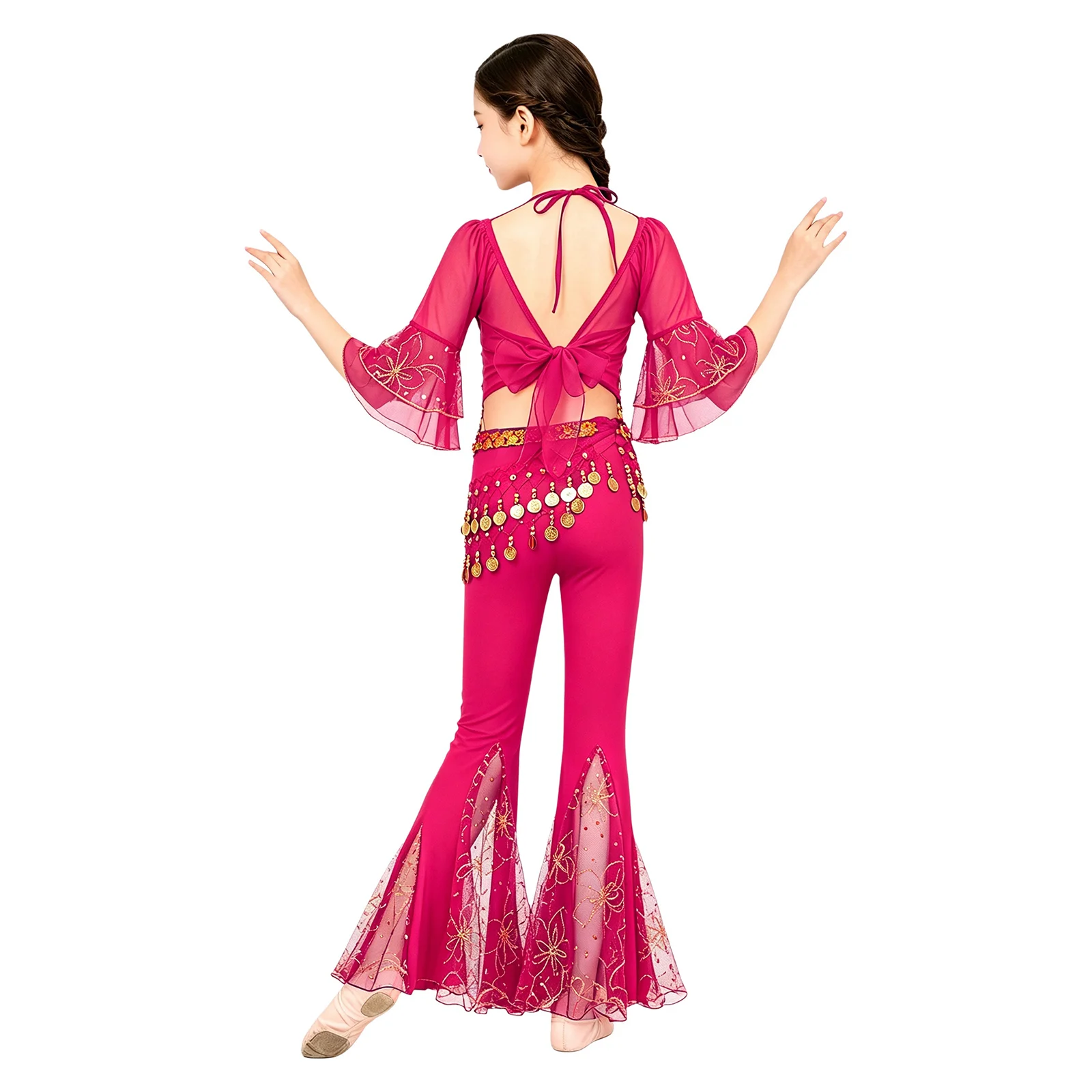 Girls Oriental Indian Belly Dance Costume Professional Clothes Flared Half Sleeve Sequin Tassel Crop Top with Bell-bottom Pants
