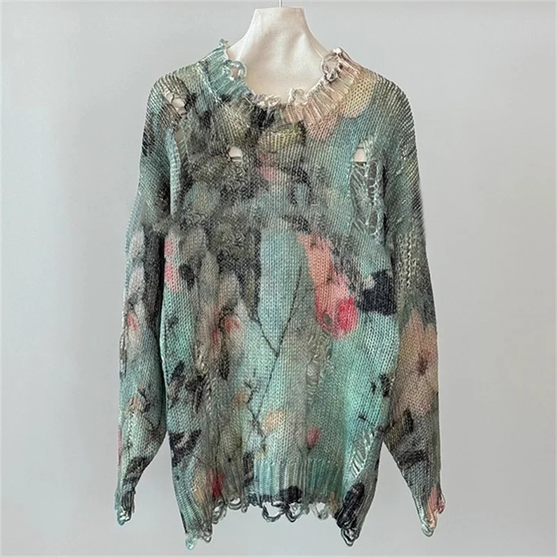 

Women's sweater 2025 Winter new elastic knitted slim fit long sleeved top Ink printed round neck pullover pure cotton Knitwear