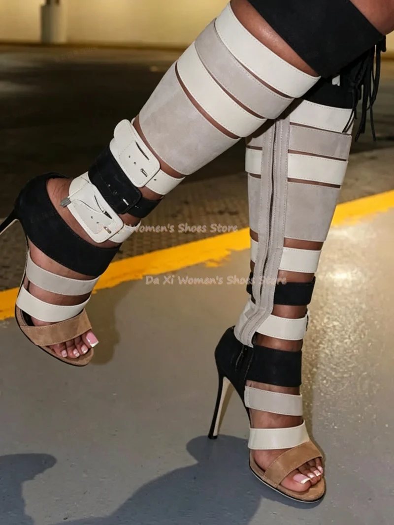 Color-Blocking Gladiator Style Knee-High Sandals Round Head Stiletto Heels Multi-Buckle Cut-Out Design Luxury Women's Shoes