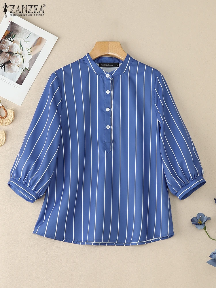 

ZANZEA 2025 Autumn Women Striped Blouses Casual Mandarin Collar 3/4 Puff Sleeve Half-Button Tops Loose Everyday Wear Clothes 3XL