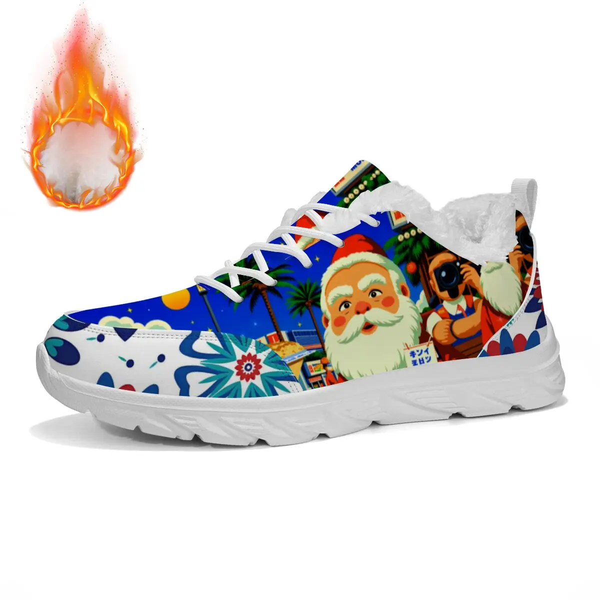 

Повседневная спортивная обувь для мужчин, спортивная обувь на флисовой подкладке с цветочным узором Санта-Клауса, зимние теплые кроссовки на шнуровке для женщин