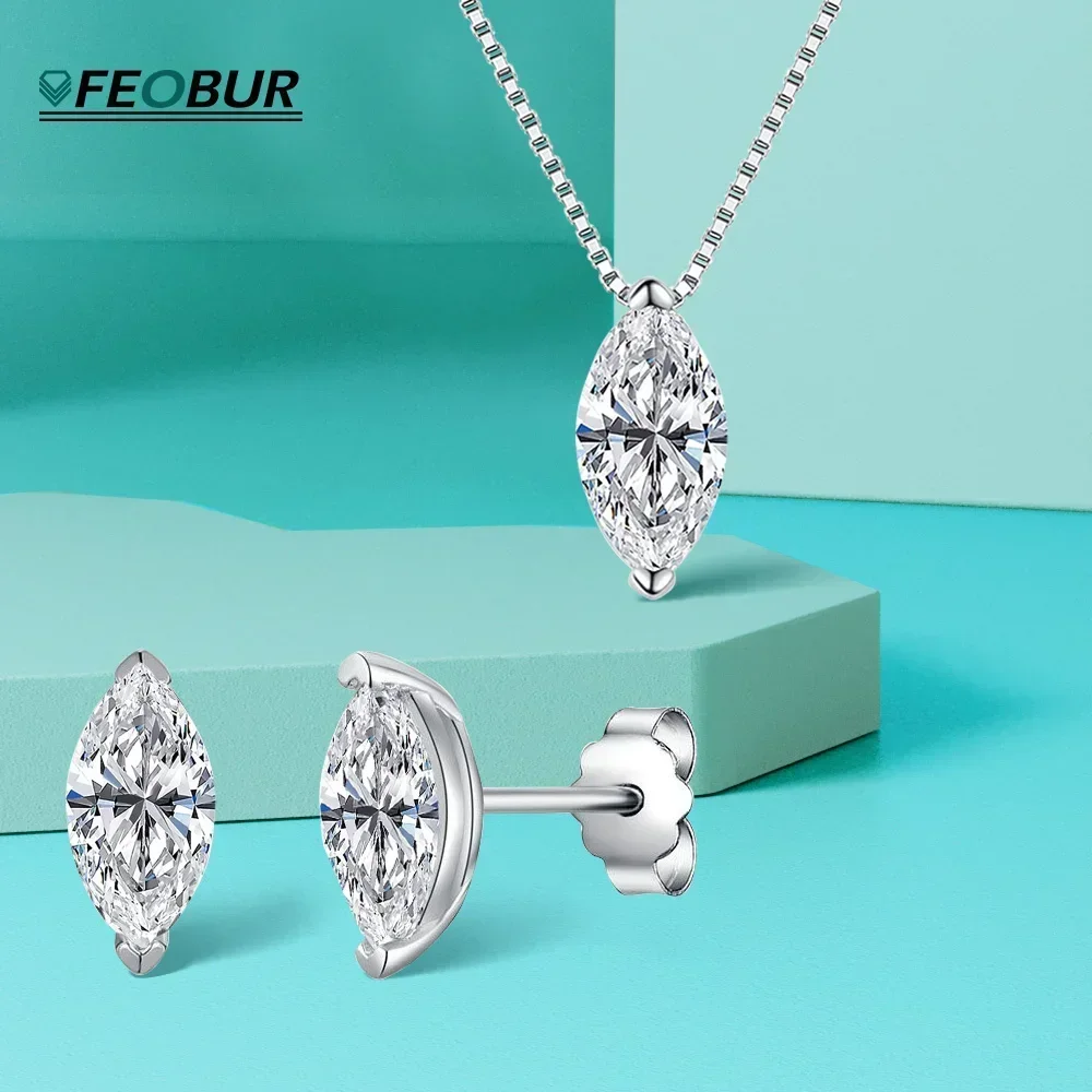 

FEOBUR 5*10mm 1CT Marquise Cut Moissanite Pendant Necklace Stud Earrings Set for Women 925 Sterling Silver Earstud Jewelry Gift