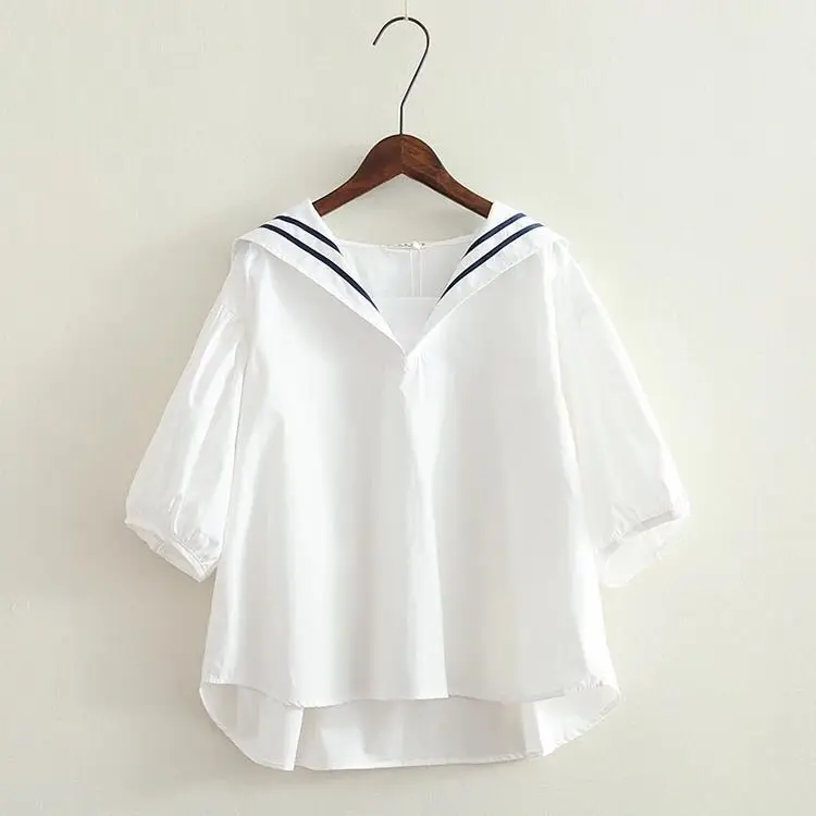 Sweet Stripe Sailor Collar Blouse Tops Causal Half Sleeve Woman Shirts 2024 Summer New Korean Blusas De Mujer Crop