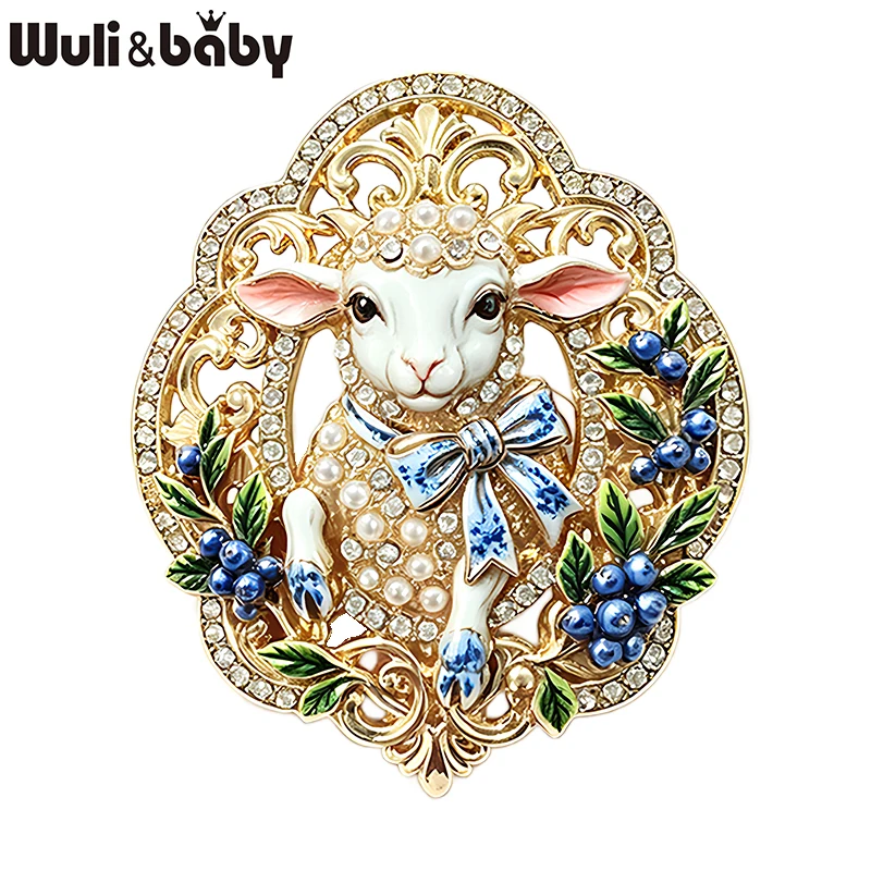 Wuli&baby Niedliche Schaf-Broschen für Frauen Unisex 4-Farben Emaille Perle Strass Tierjahr Neujahrsparty Broschen