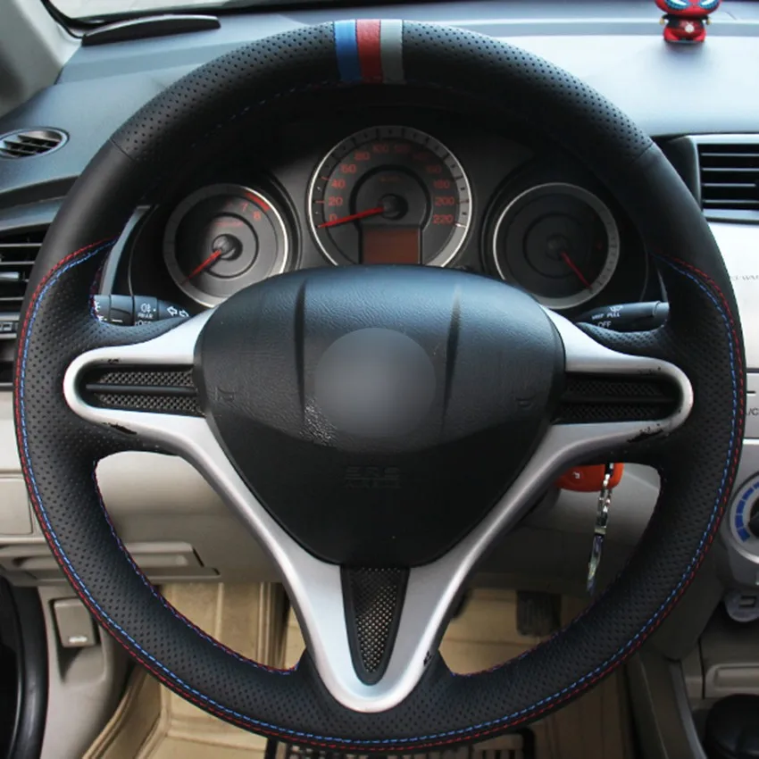 

Hand-Stitch Non-slip Genuine Leather Blue Red Gray Marker Car Steering Wheel Cover for Honda Fit City Interior Accessories