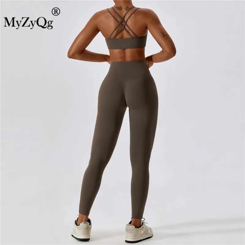 MyZyQg Women Yoga Two-piece Set Tight Cross Beauty Back Quick Dry Running Underwear Fitness Gym Pilate Vest Pant Suit Sportswear