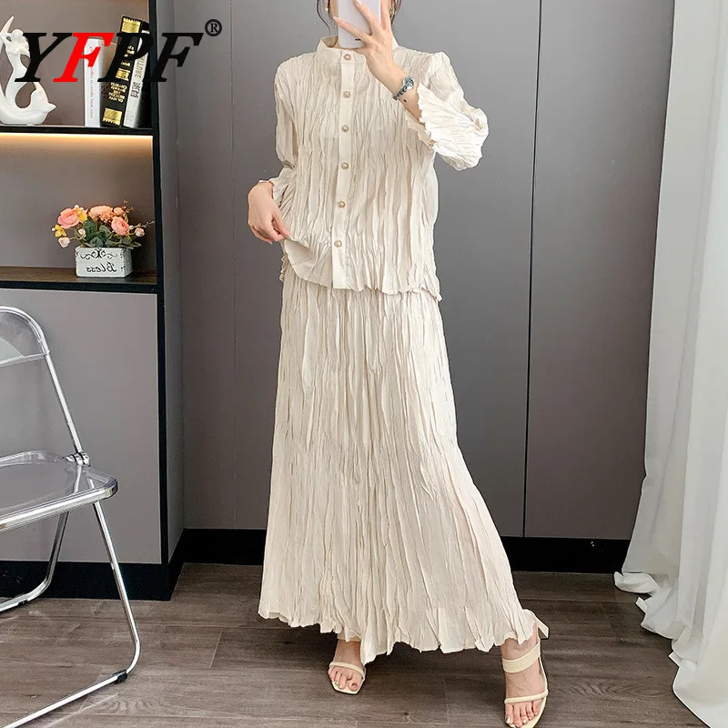 

YFPF 2025 Miyake Pleated Women 2 Piece Set Fashion Button Blouse Tops + A Line Long Skirt Solid Color Casual New Clothing