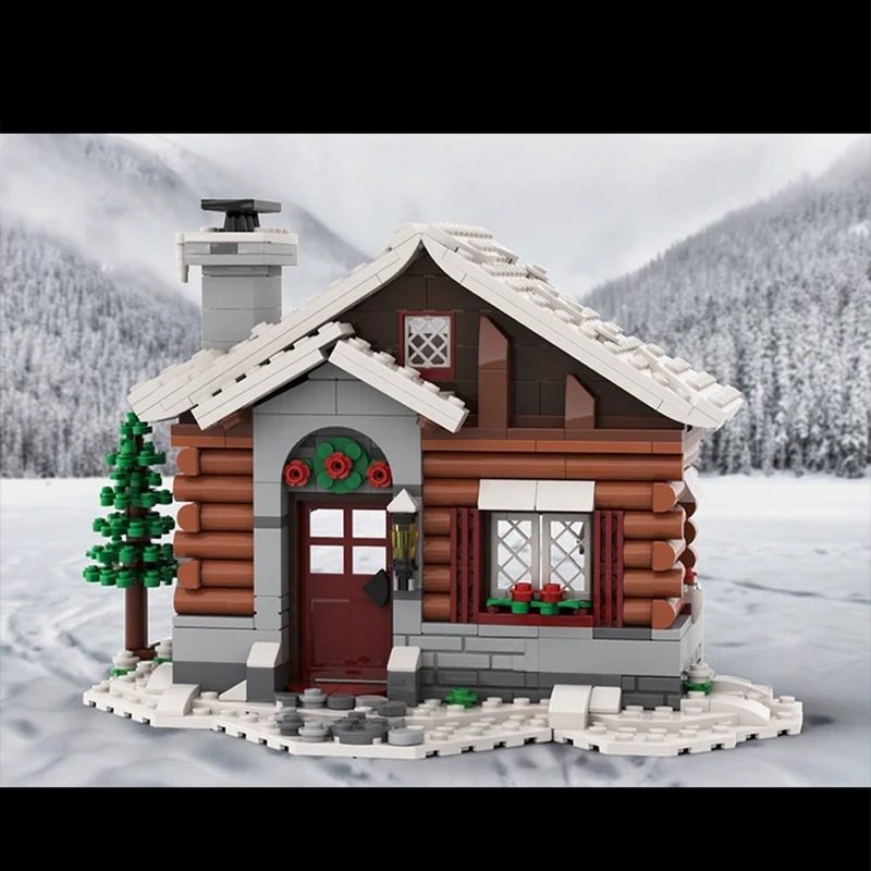 581pcs MOC Alpine Log Cabin Seasonal Festival Model Building Blocks Home Decor Desk Display Shelf Accent Office Gift For Adults