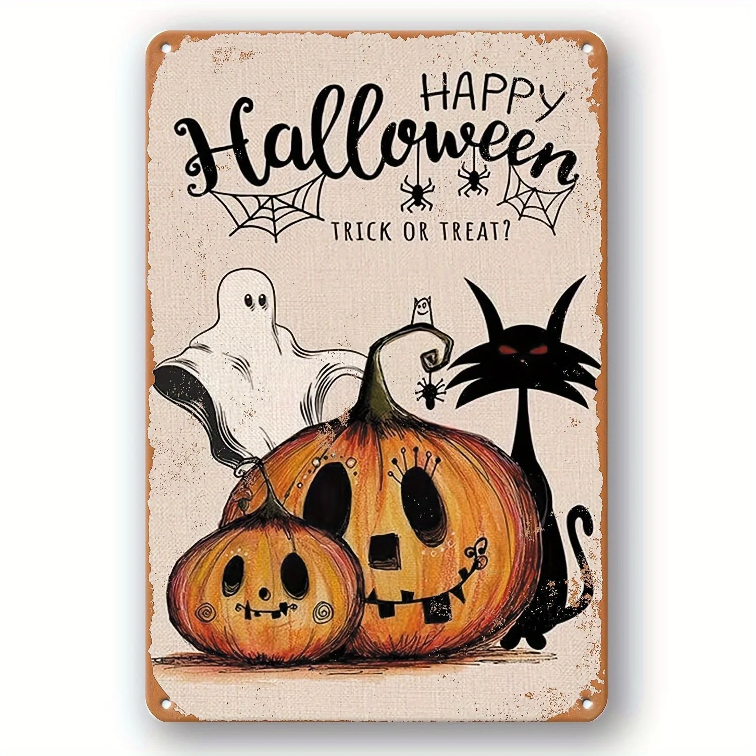 2D Flat Sheet Metal Sign with 8x12inch Designs Featuring Happy Halloween Candy-Seeking Pumpkins, Ghosts, and Black Cats, Suitable for Halloween Parties and Autumn Wall Decorations