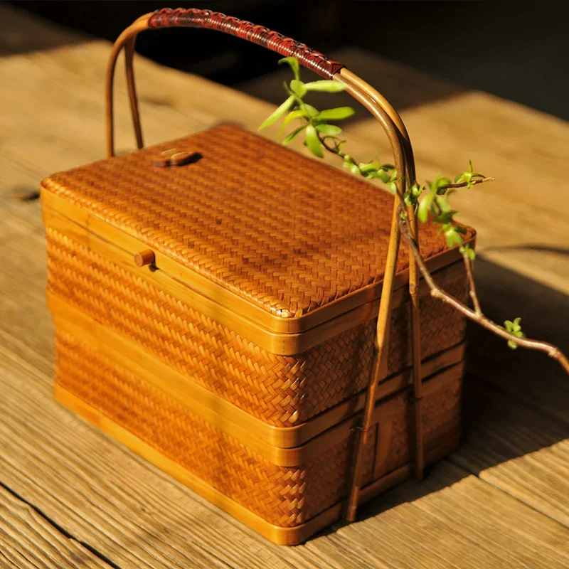 Bamboo Weaving Large Wicker Storage Basket, Double Layer Square Basket for Tea Storage, Artistic Packaging Product Container