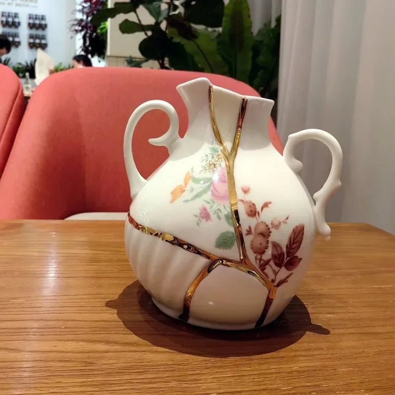 White splicing ceramic vase 24K gold medieval light luxury dining table creative gift insert hydroponic flower height device
