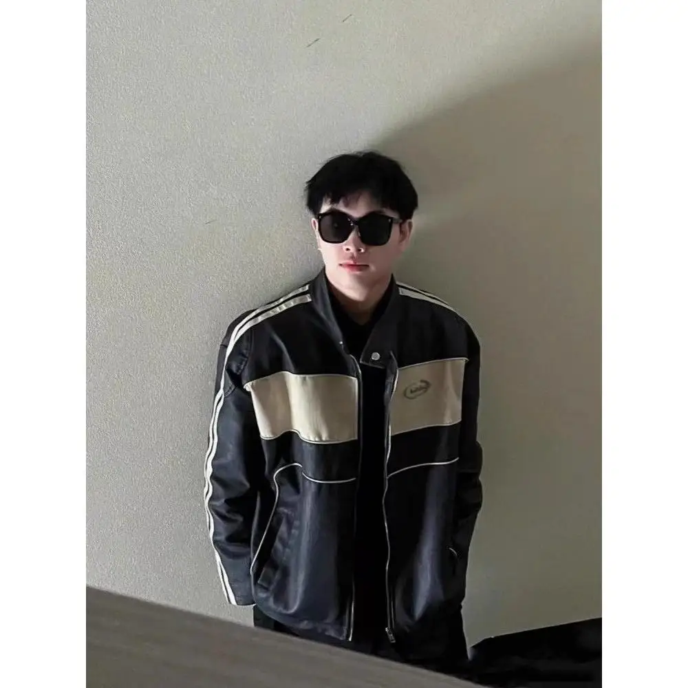 

Retro Waed American Motorcycle Sle Leather Jaet Loose Fit Stand Collar Men's Outerwear High Gloss Plain Color Zipper Cl...