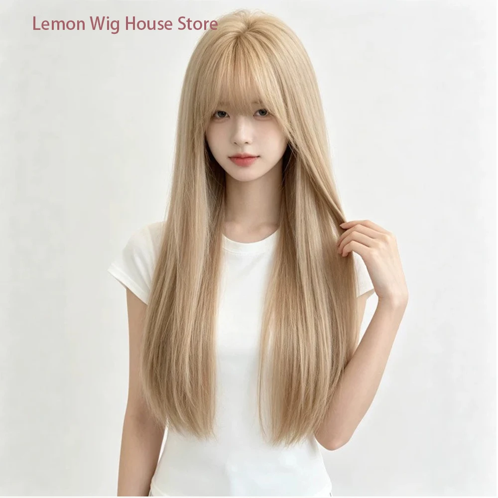 Picture 4: Long Straight Light Gold Wig with Bangs High-Layered Synthetic Wigs for Women's Daily Cosplay Wig Heat Resistant Synthetic Hair