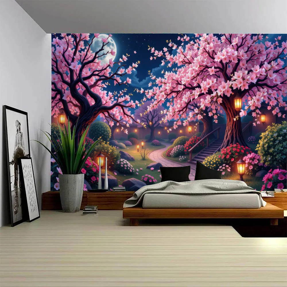

Flower Night Sky Home Wall Tapestry Landscape Wall Hanging Stream Cherry Blossoms Dreamy Bedroom Living Room Decoration