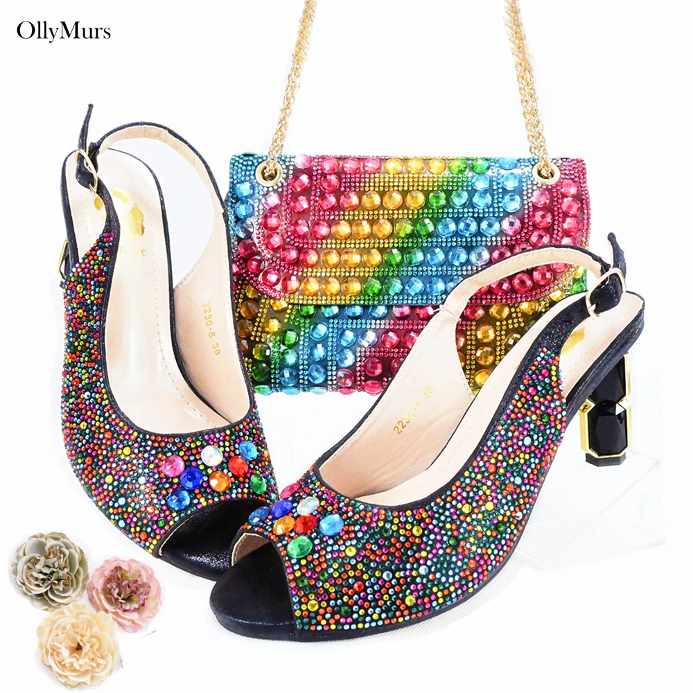 

New Coming Italian Women Rainbow Color Platform Shoes Ad Bag Set Nigerian Style Fashion Pump Shoes With Purse Set For Party