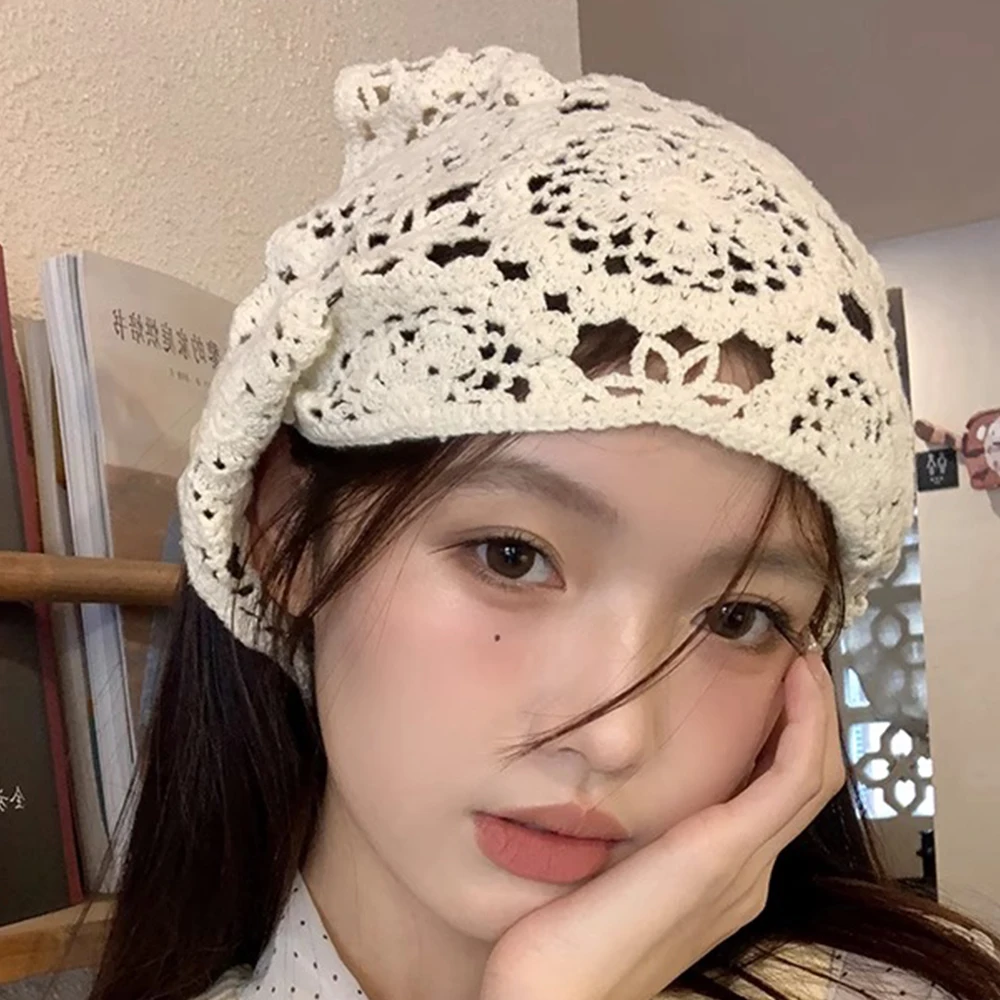 

Vintage Knitted Hollow Out Triangle Headscarf for Women Summer Travel Headband Hair Scarf Pastoral Girls Hair Accessories Decor