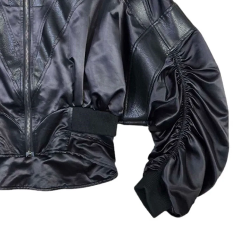 HKSH Otoño Invierno nueva chaqueta de cuero PU para mujer nicho de marea cintura ajustada Patchwork manga fruncida béisbol moda abrigo elegante HK12770