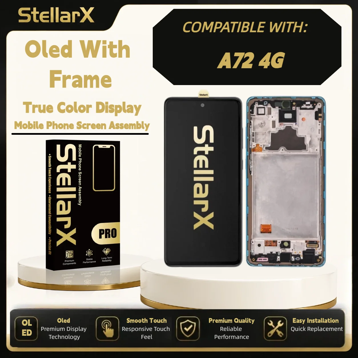 StellarX Display for Samsung A72 4G OLED with Frame Screen Replacement with Free Tools OLED Display Assembly Repair Parts