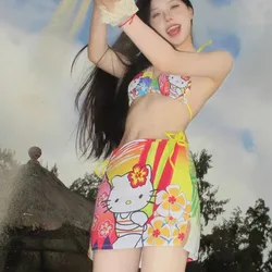 3-częściowy zestaw kostiumów kąpielowych Hello Kitty Sanrio Hawaii Split Strój kąpielowy Kawaii Hot Girl Reasts Push Up Bikini Beach Wear Surfing Suit