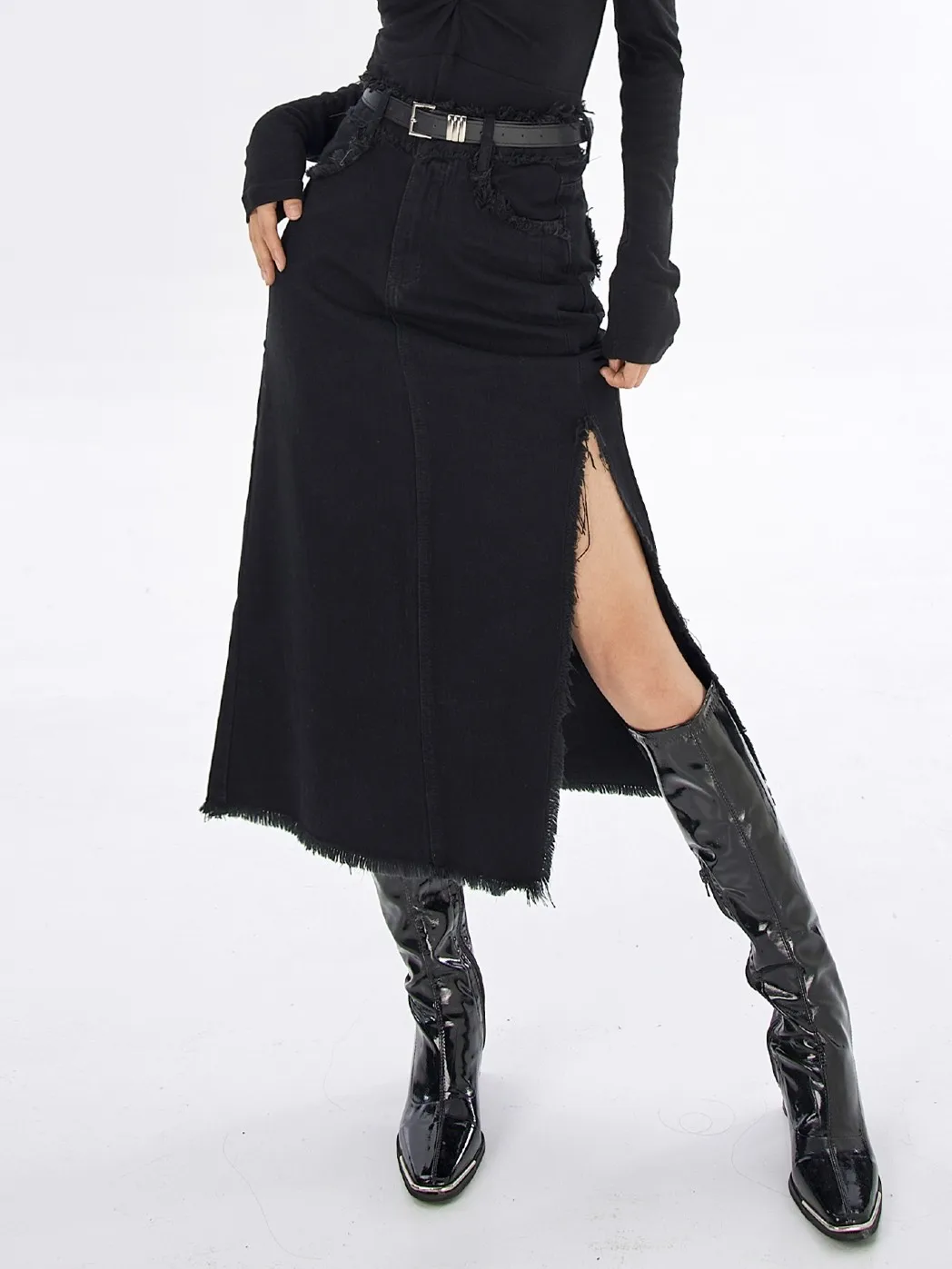 

ZHISILAO New Black High Waist Skirt for Women Vintage Split Long Denim Skirt Spring Summer 2023 Streetwear