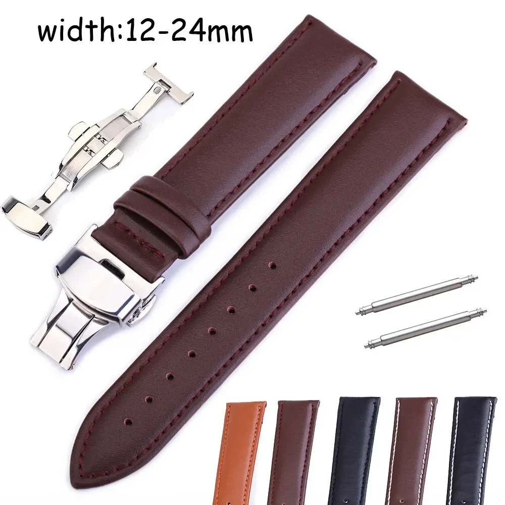 Cowhide Watch Strap 12 13 14 15 16 17 18 19 20 21 22 24mm Plain Grain Genuine Leather Watch Band Butterfly Buckle Wrist Bracelet