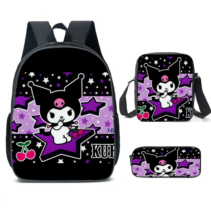 Kuromi Mochila Escolar com Bolsas de Ombro, Estojo para Lápis, Mochila Melody para Crianças, Melhor Presente para Crianças, Conjunto 3pcs