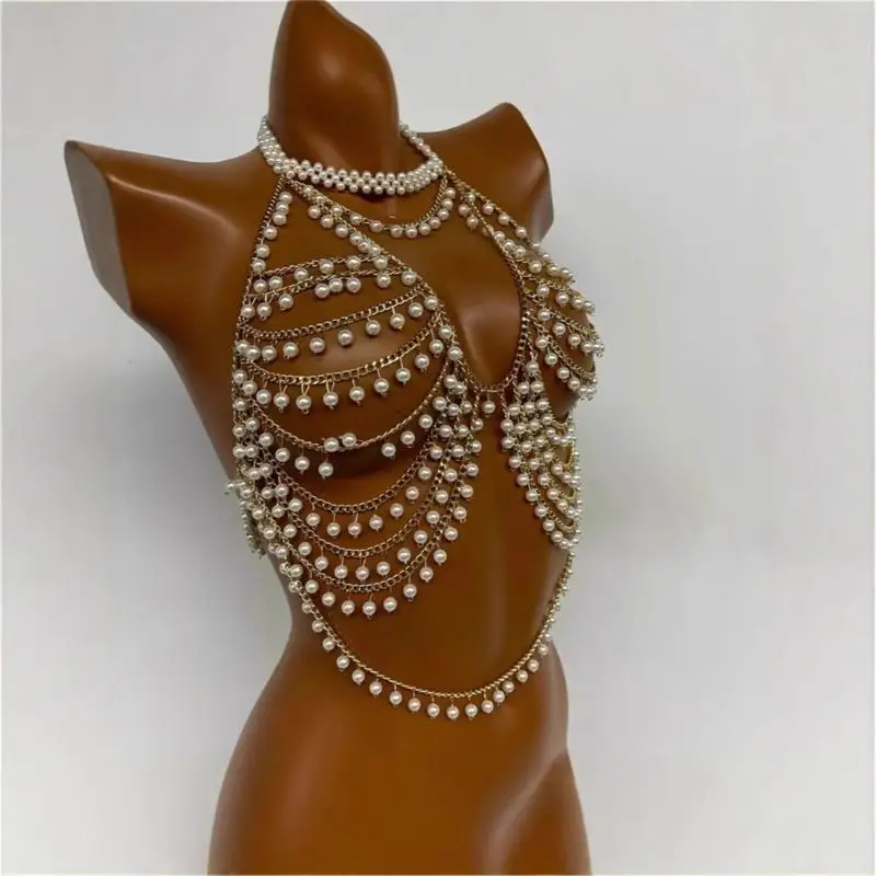 31BF Pearls Beads Bra Chain Halter Vest Beach Parties Body Jewelry for Women Clubwear