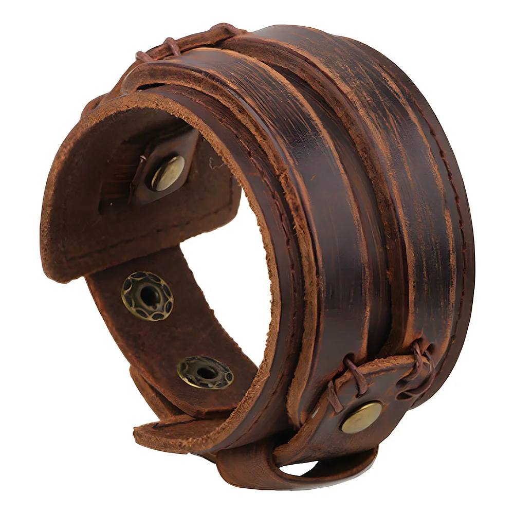 Brown Punk Genuine Leather Wrap Wristband Gothic Wide Cowhide Leather Cuff Bracelet Adjustable Handmad Bangle Arm Armor