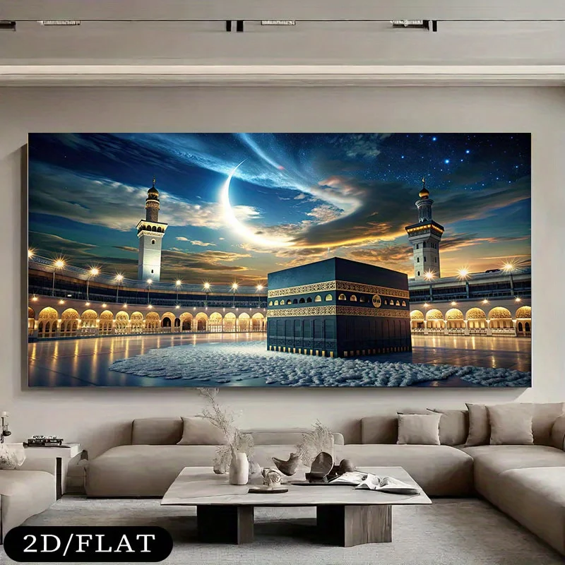 Kaaba At Mecca with Crescent Moon & Starry Sky Canvas Painting Wall Art, Frameless Large Islamic Wall Art for Living Room Decor