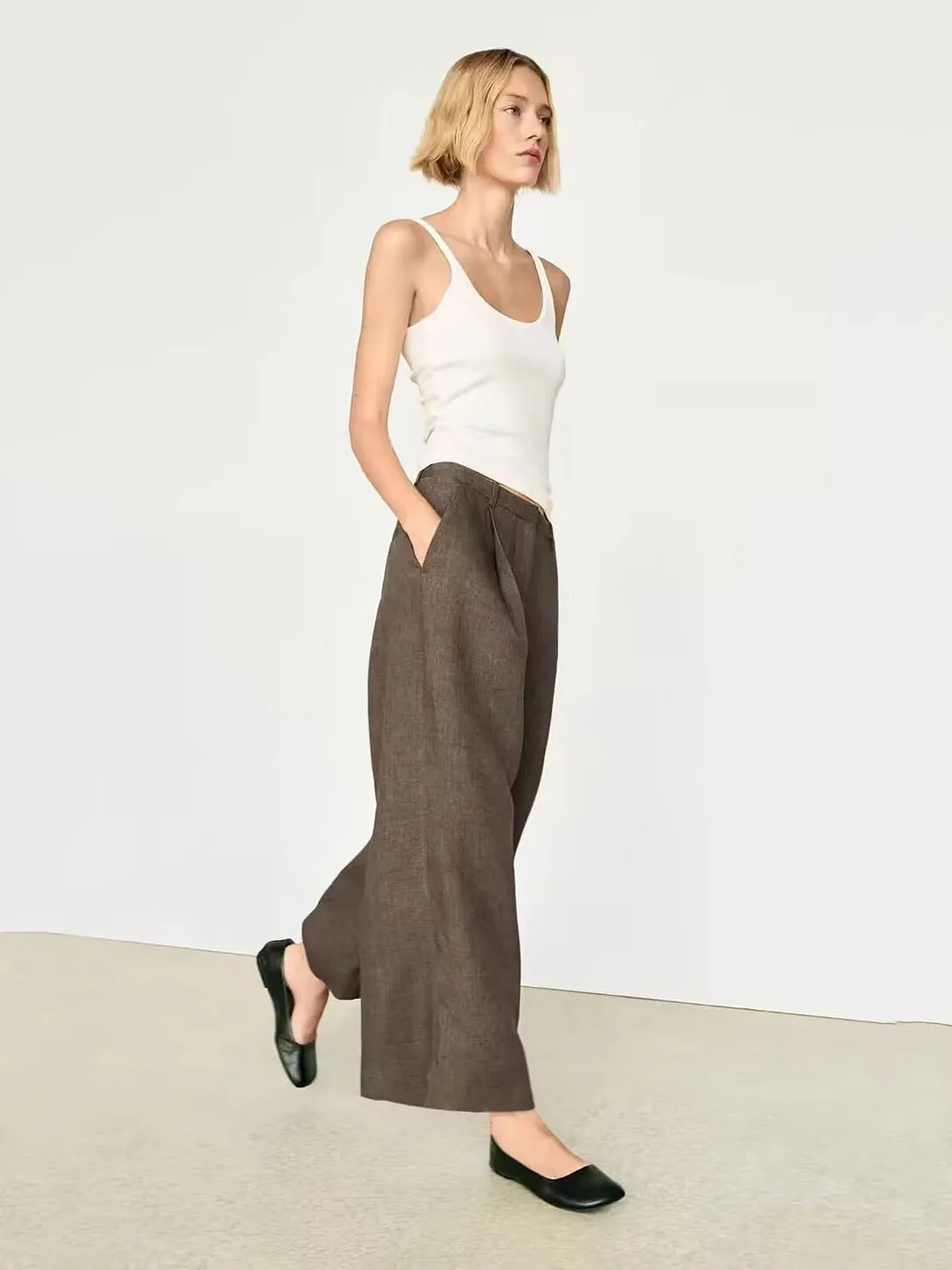 Casual Brown Floral Embellished Cotton Linen Wide Leg Pants Long Trousers MD Women's Summer New Style Pleated Design Sensation