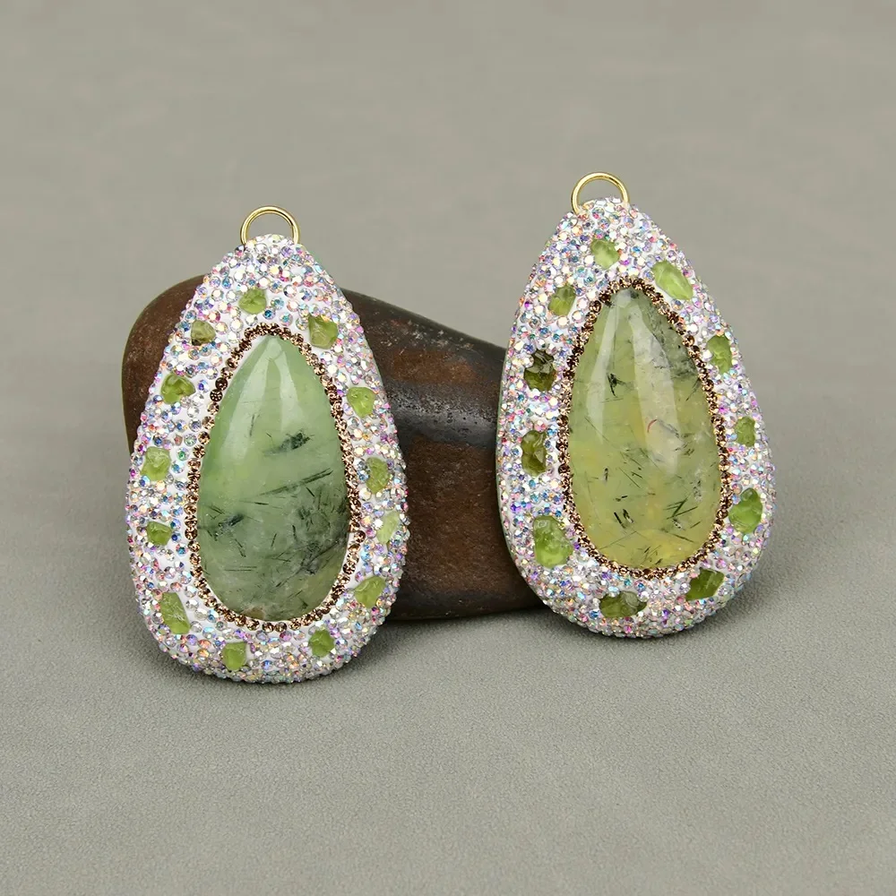 2 Pcs AA+ Natural Green Prehnite Quartz Stone Crystal CZ Paved Droplet Shape Charms Necklace Pendant Jewelry Making DIY