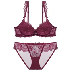 Sexy Lace Chest Gather Underwear French Sexy Ultra-Thin Solid Lingerie Set Women's Thin Cotton Cup Bra Sous Vetement Femme Sexy