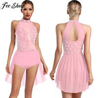 Women Latin Cha-cha Dance Performance Costumes Rhinestone Applique Sleeveless Leotard Skating Ballet Samba Rumba Tango Dancewear
