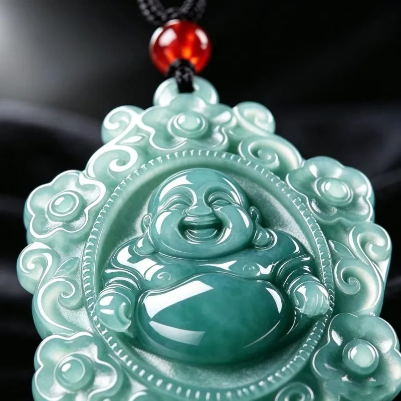 Natural A Grade Blue Water Jadeite Laughing Maitreya Buddha Pendant Hand Carved Jade Amulet Braided Rope Lucky Charm Jewelry