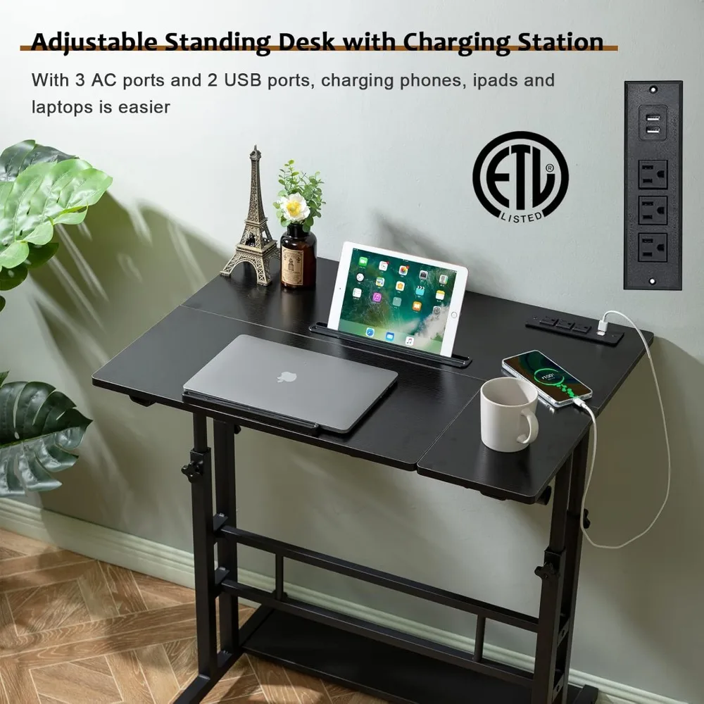 Stand Up Desk, Rolling Desk Adjustable Height, Mobile Standing Desk with Wheels & Charging Station, Portable Desk