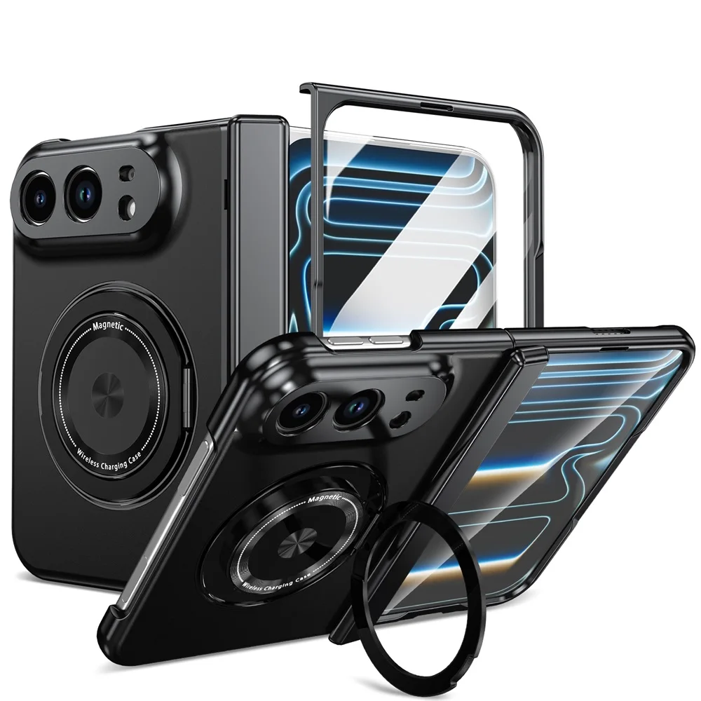 For iPhone Duo 5G Case Skin-Friendly Magnetic Rotating Holder With Tempered Glass Folding Shockproof Hard Back Cover Accessories