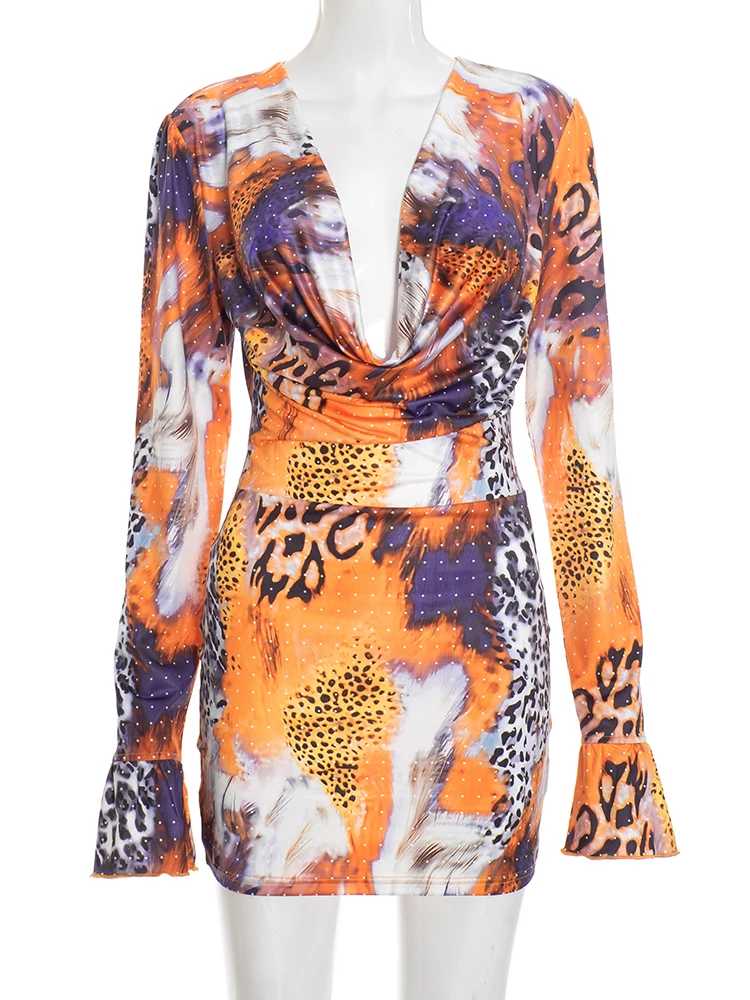 クリウ セクシーファッション ミニドレス レディース カラフルプリント スイングカラー 長袖 スキニー ピーチヒップ ホットガールズ ワイルドスタイル ボディコン