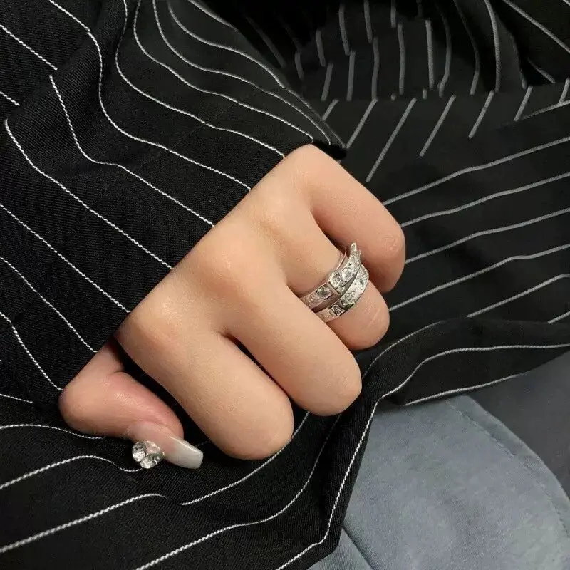 Trendy Double Layer Stackable Belt Buckle Zircon Ring Punk Style Silver Plated Open Jewelry for Couple