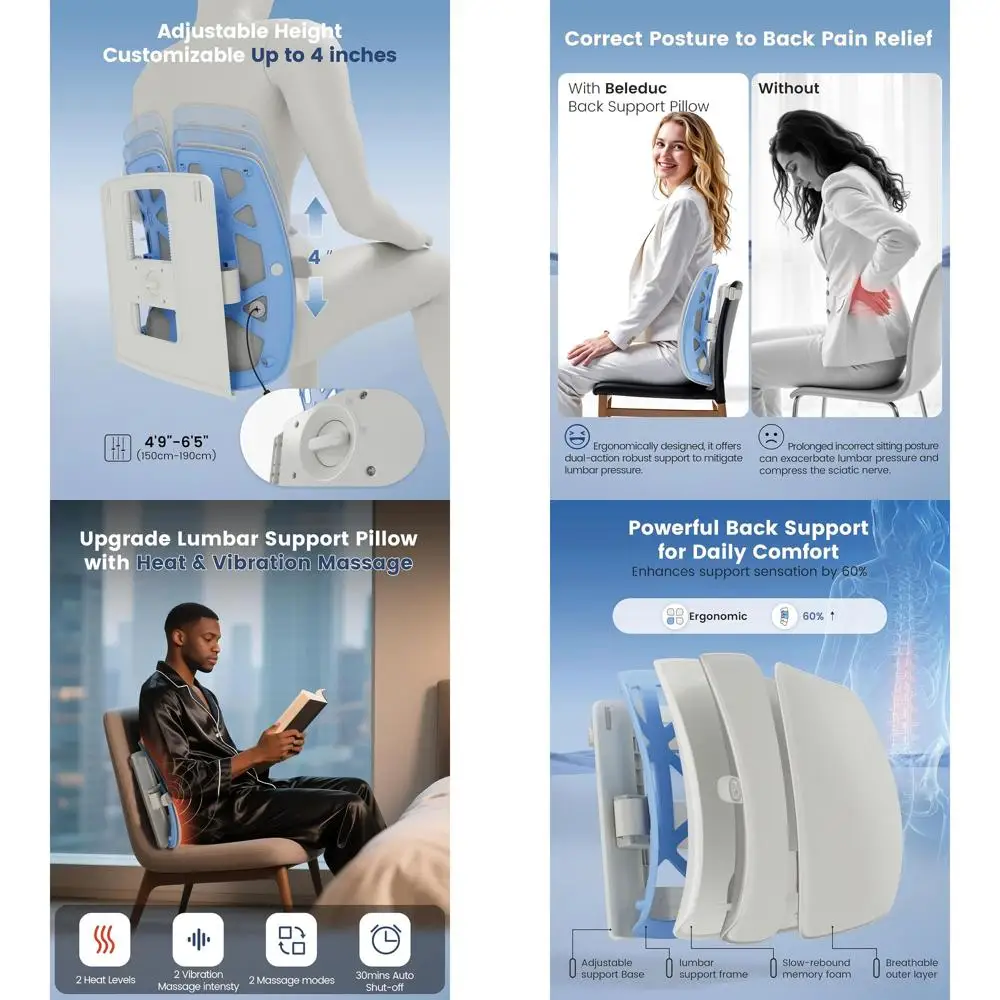 

Ergonomic Lumbar Support Pillow with Vibration Massage and Adjustable Heating for Office Chairs