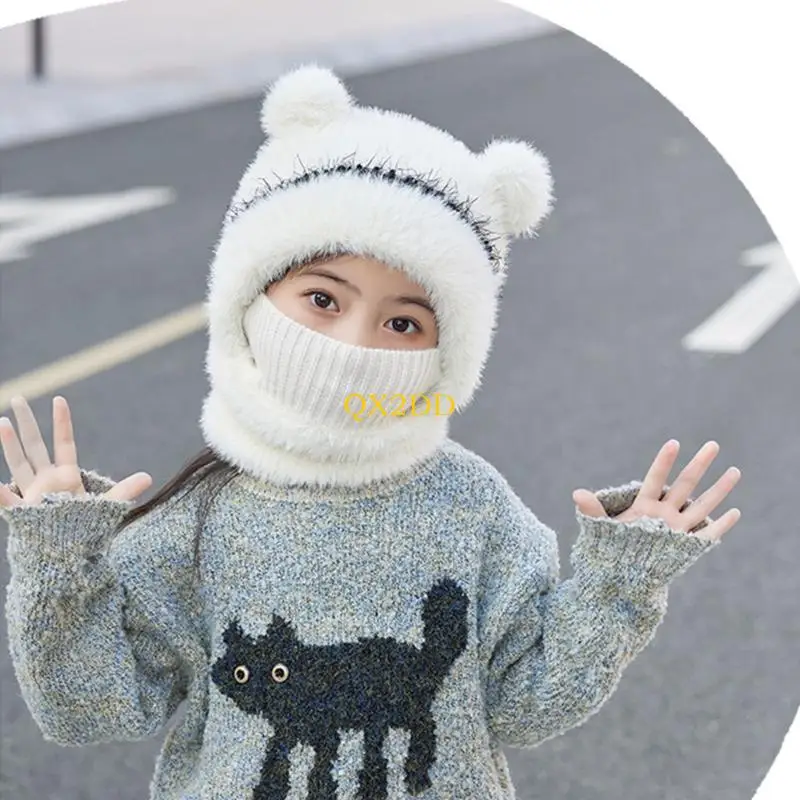 QX2D Children's Winter Scarf Hat Soft Pom Bonnet Caps Integrated Warm Neckerchief