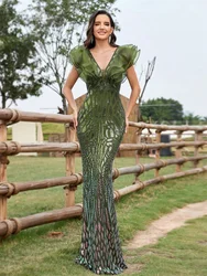 BLUEPLUM Elegant Green Ruffle Sleeve Evening Dress Women Luxury Long Mermaid Formal Sequins V-neck Prom Party Cocktail Gown