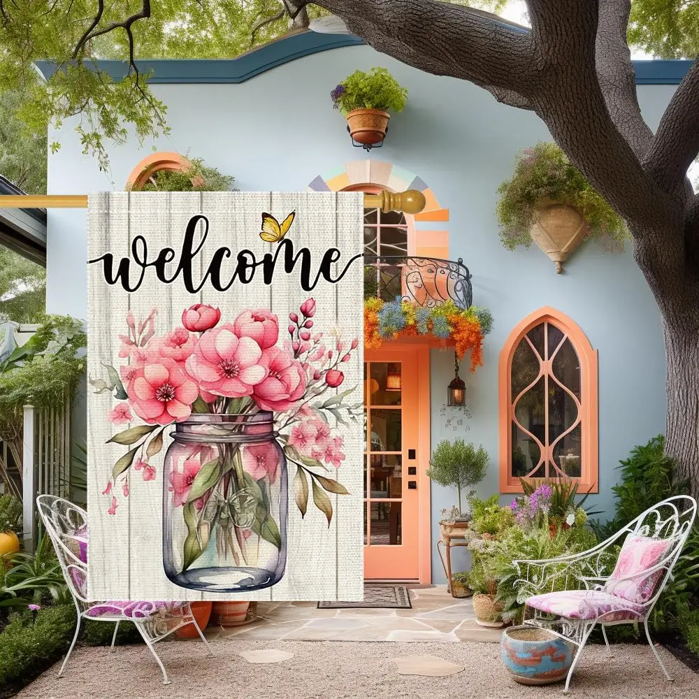 Spring Summer Welcome Butterfly Mason Jar Garden Flag Lawn Seasonal Wildflowers Home Yard 28x40 Inch Double Sided Small Burl GGX