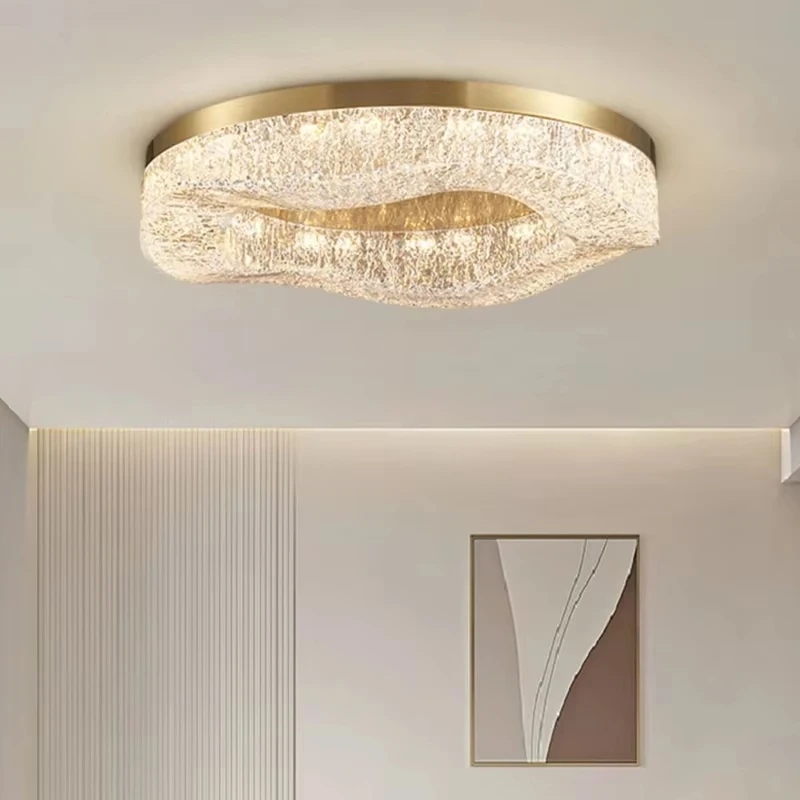 Luz nórdica de lujo para sala de estar, luz de techo de cristal, brillo dorado, redondo, cobre, comedor, decoración del hogar, accesorio de iluminación LED