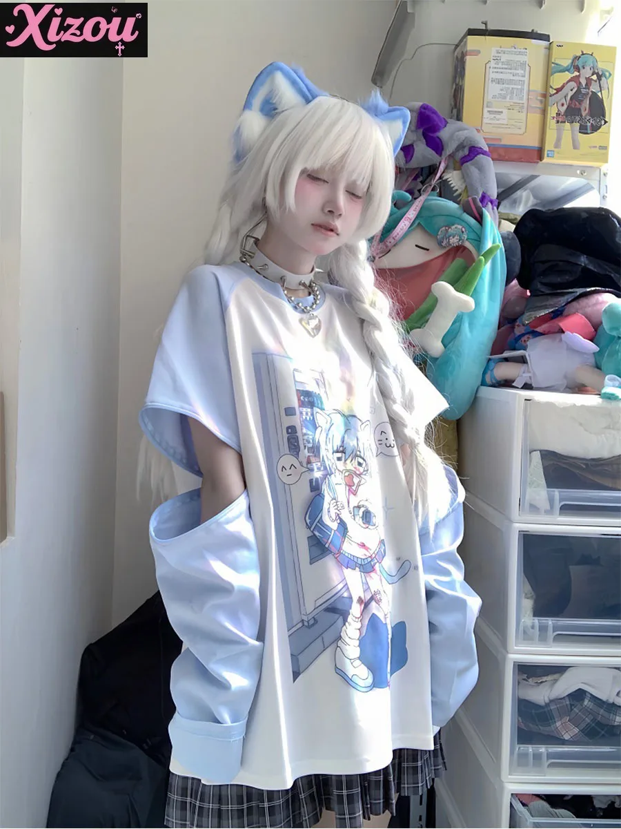 

Оригинальный Y2k акварельный двухмерный топ с короткими рукавами для девочек, милая мягкая съемная футболка с длинными рукавами для девочек