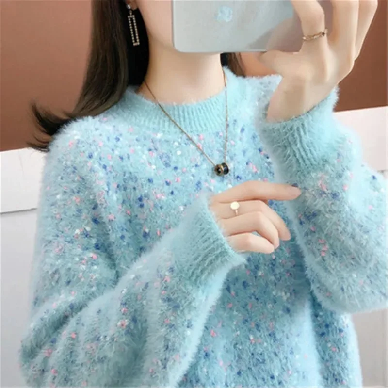 2024 New Korean Women\'s Pullover Female Autumn Winter Sweater Imitation Mink Velvet Long-sleeved Casual Bottoming Shirt Top