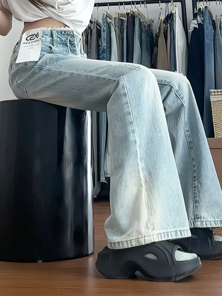 Low Waist Lace Splicing Straight Leg Slimming Ankle Length Women's Bell Bottom Jeans Commute Versatile Wide Leg Long Pants