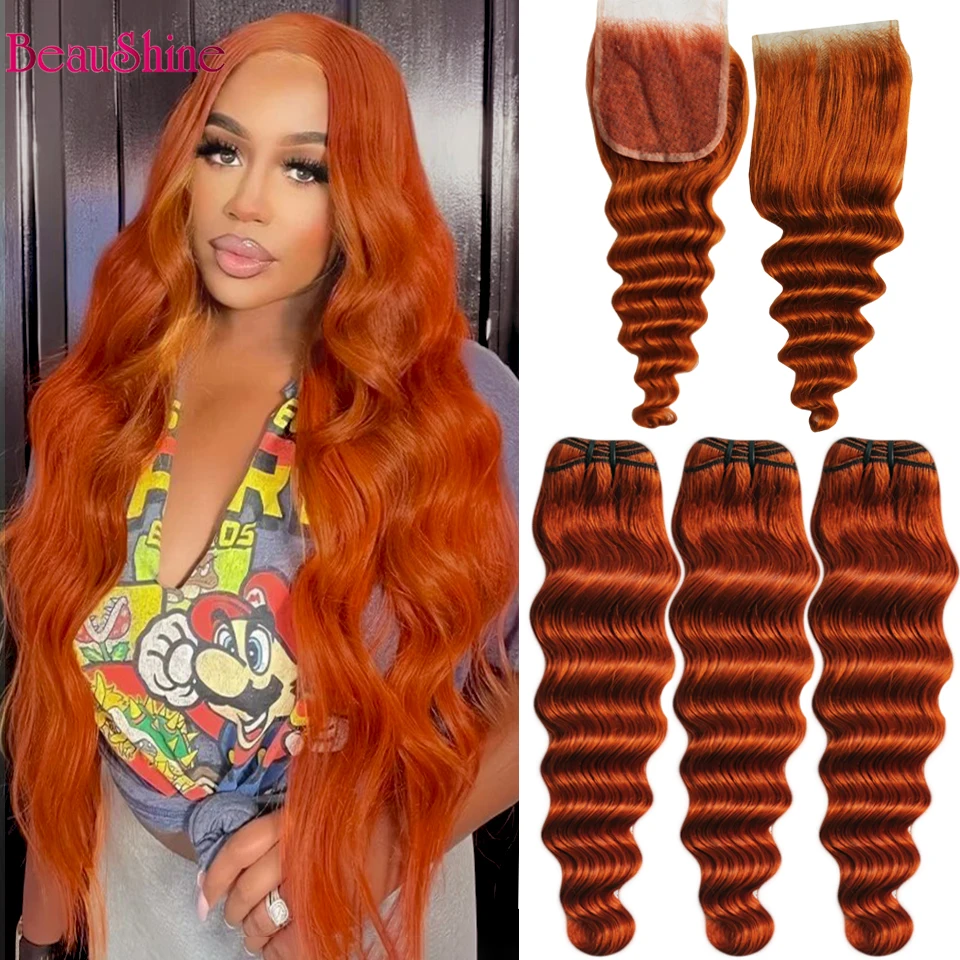 

350 Ginger Orange Colored Loose Deep Wave Human Hair Bundles With Closure Ginger Bundles with 4x4 Lace Closure