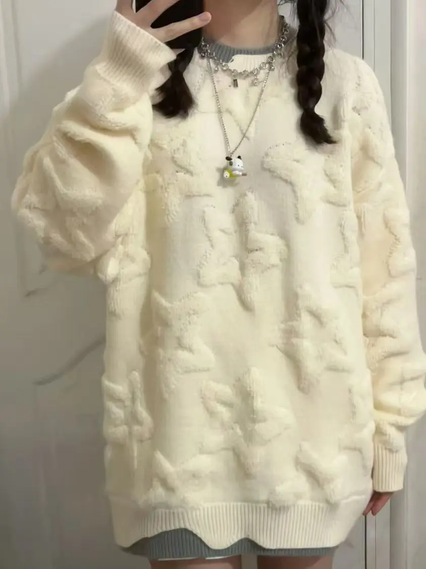 

Винтажные свитера в консервативном стиле со звездами, женский вязаный пуловер с ленивым ветром, японский ретро свободный лоскутный топ с длинными рукавами в стиле Харадзюку Y2k