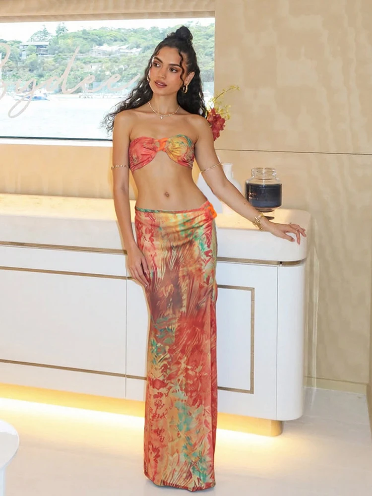 Kliou – ensemble 3 pièces de vacances esthétiques pour femmes, Hipster, Sexy, Style plage océan, tenue de poitrine, Mini débardeurs + sous-vêtements + jupe Maxi fendue haute